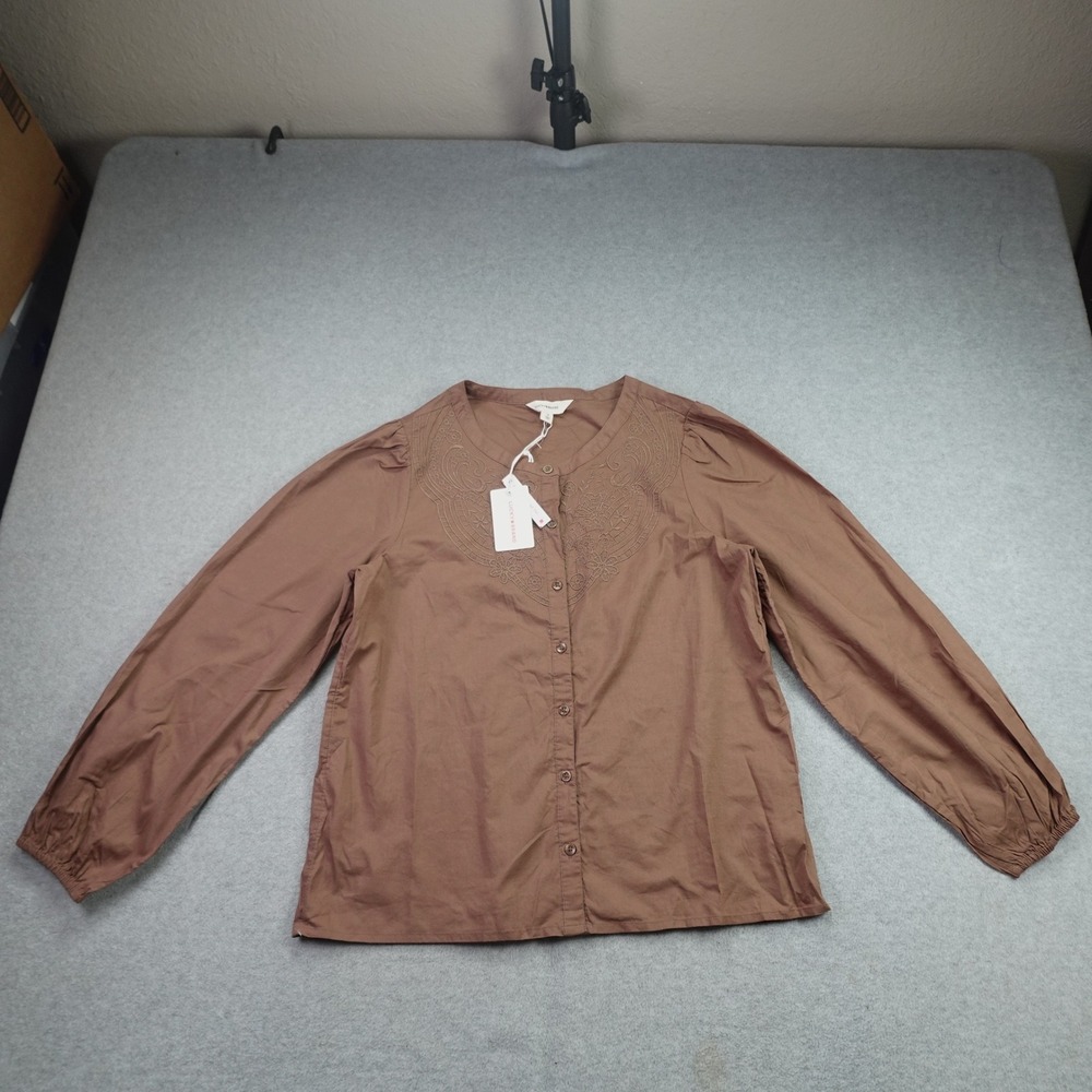Lucky Brand Blouse Womens S Brown Embroidered Boho Button Up Top